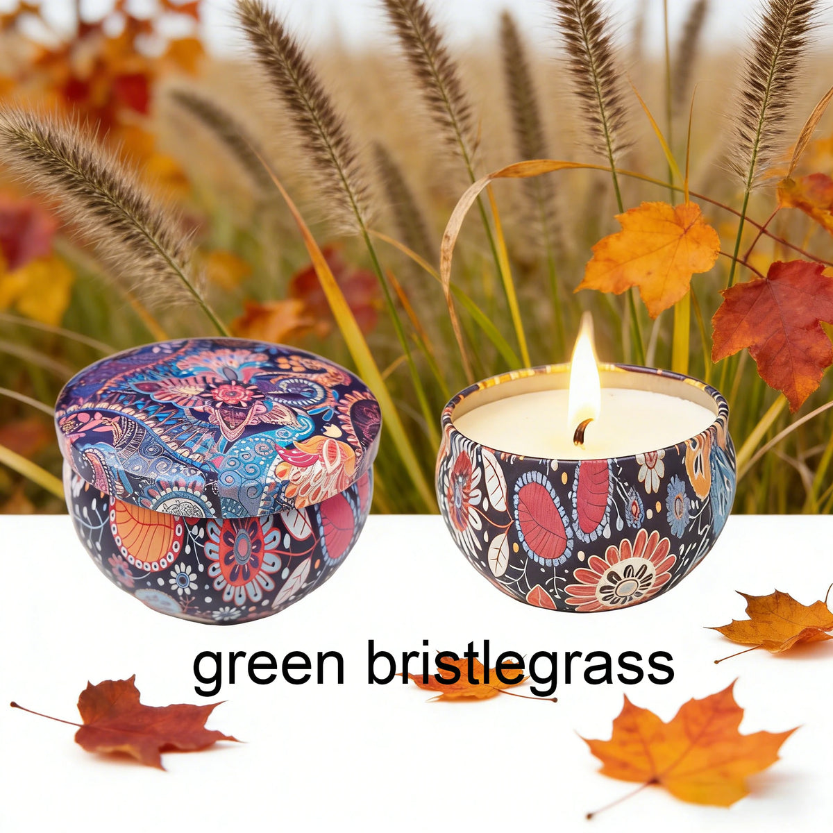 A set of green bristlegrass aromatherapy soy wax candles surrounded by autumn leaves and dried grasses.