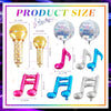A set of music note foil balloons in various sizes and colors, including gold, silver, pink, and blue.