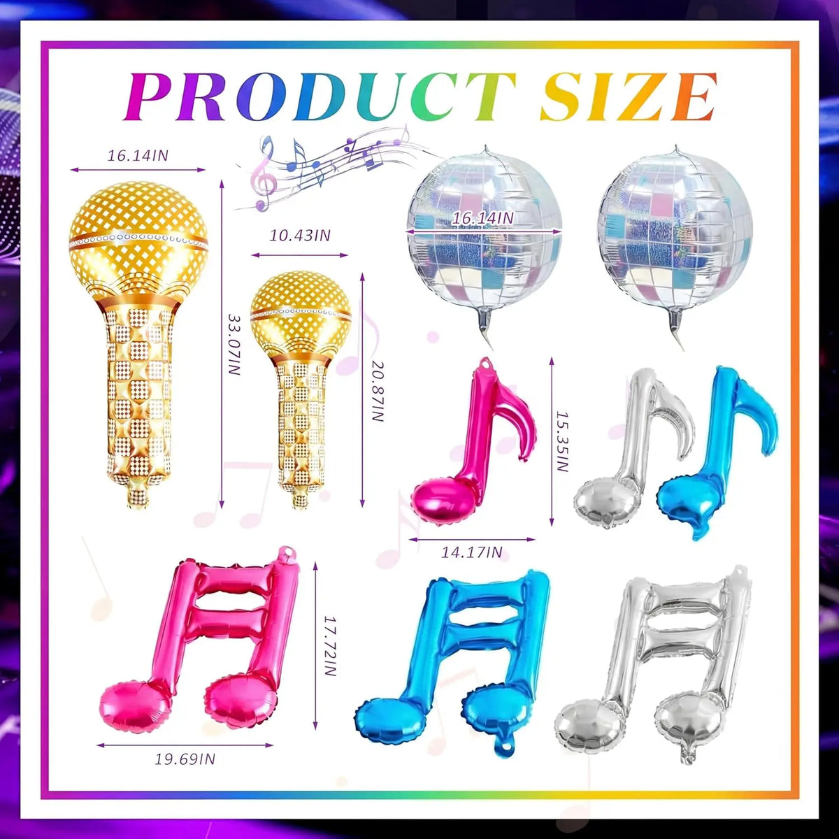 A set of music note foil balloons in various sizes and colors, including gold, silver, pink, and blue.