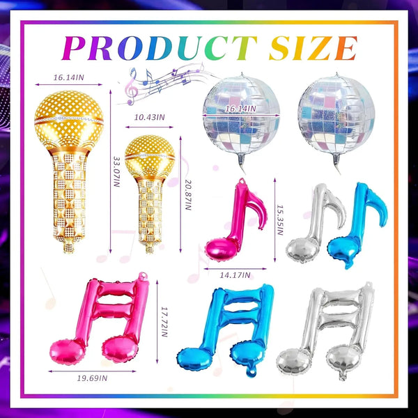 A set of music note foil balloons in various sizes and colors, including gold, silver, pink, and blue.