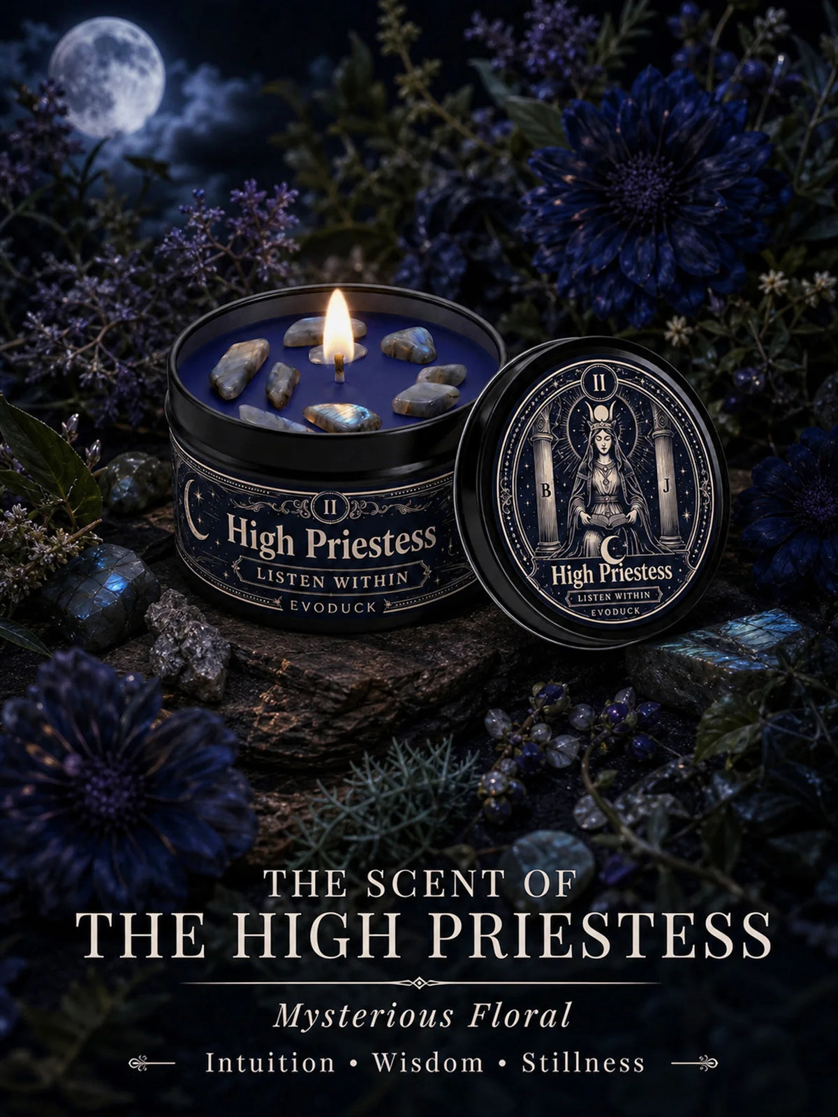A dark, moody photograph of a High Priestess tarot candle with crystal stones, set against a backdrop of dark foliage and a f