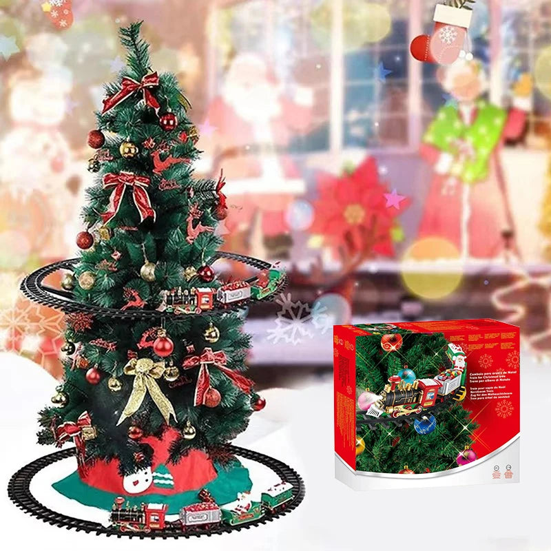 A battery-powered Christmas tree decoration featuring a miniature train and lights.