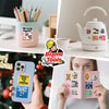 A collection of funny text decals for phones, laptops, and luggage featuring phrases like Wrong Again and Blame the Tools.