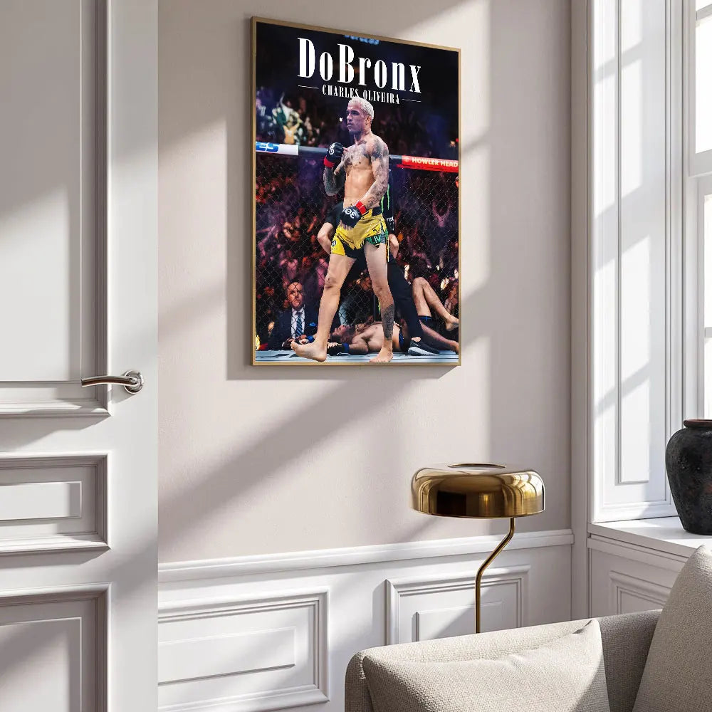 A canvas poster featuring Charles Oliveira in a fight pose, displayed on a wall.