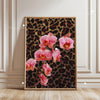 Pink leopard hibiscus canvas wall art featuring vibrant pink flowers on a dark background