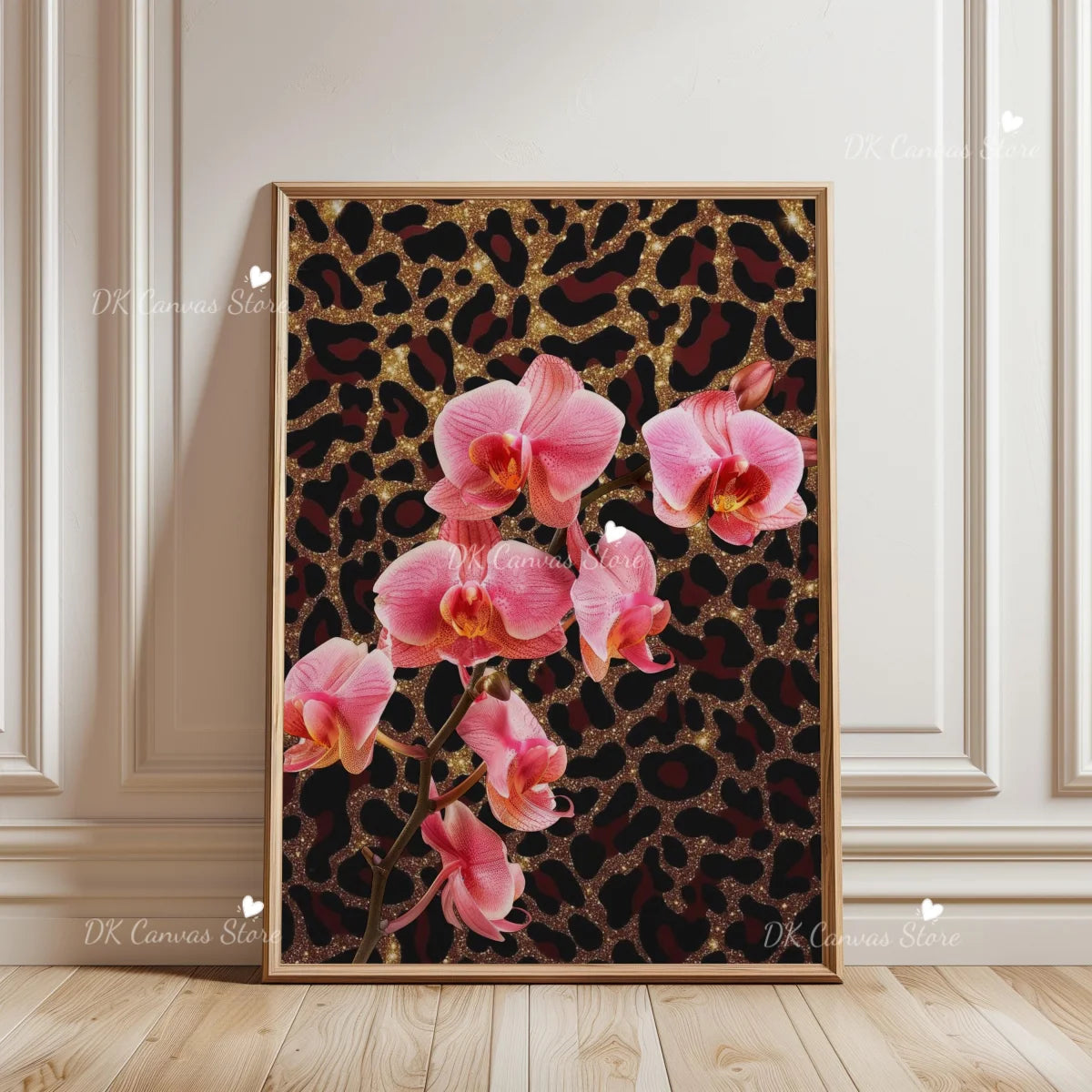 Pink leopard hibiscus canvas wall art featuring vibrant pink flowers on a dark background
