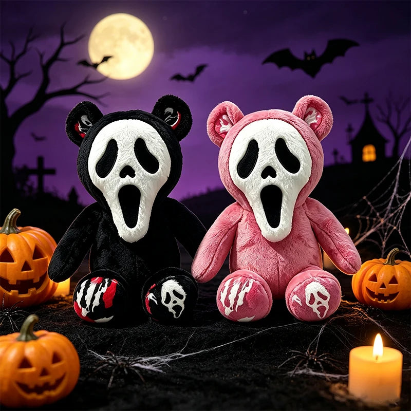 Ghost Face Bear Plush Toy – Black & Pink Two-Tone Halloween Bear