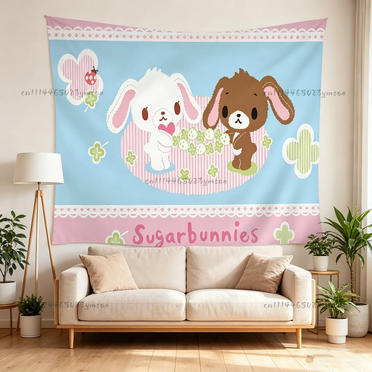 A watercolor tapestry featuring pink and blue stripes with cute white and brown bunny illustrations.