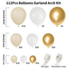 A kit of 112 balloons in sand, white, and gold colors for creating a balloon garland arch.