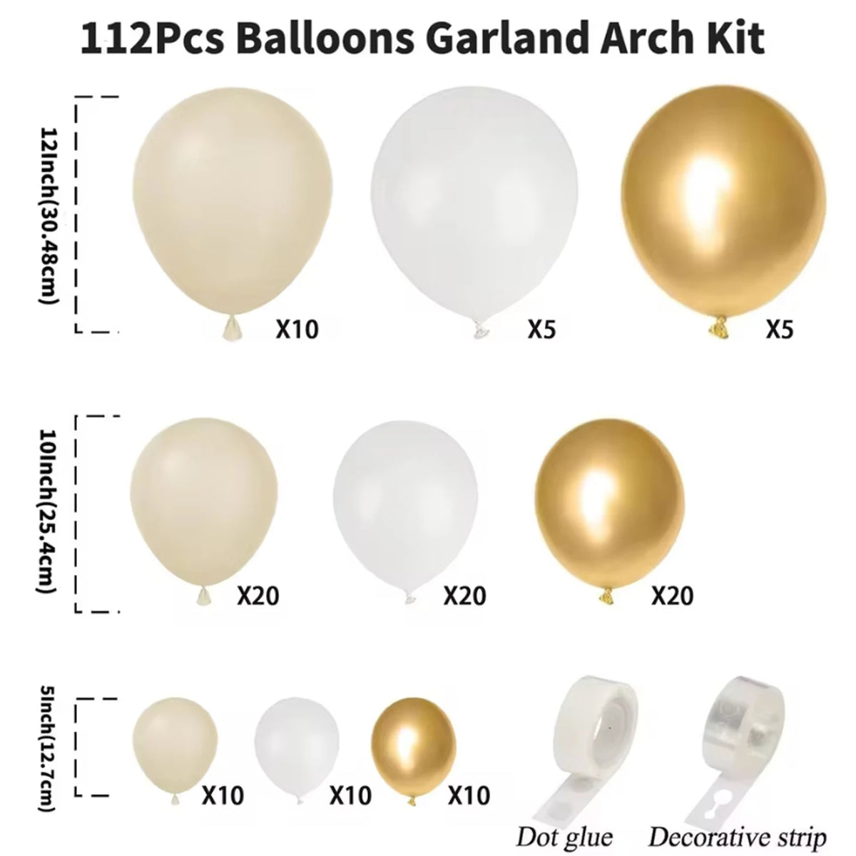 A kit of 112 balloons in sand, white, and gold colors for creating a balloon garland arch.