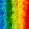A vibrant rainbow feather boa featuring colors like purple, blue, green, yellow, orange, and pink.