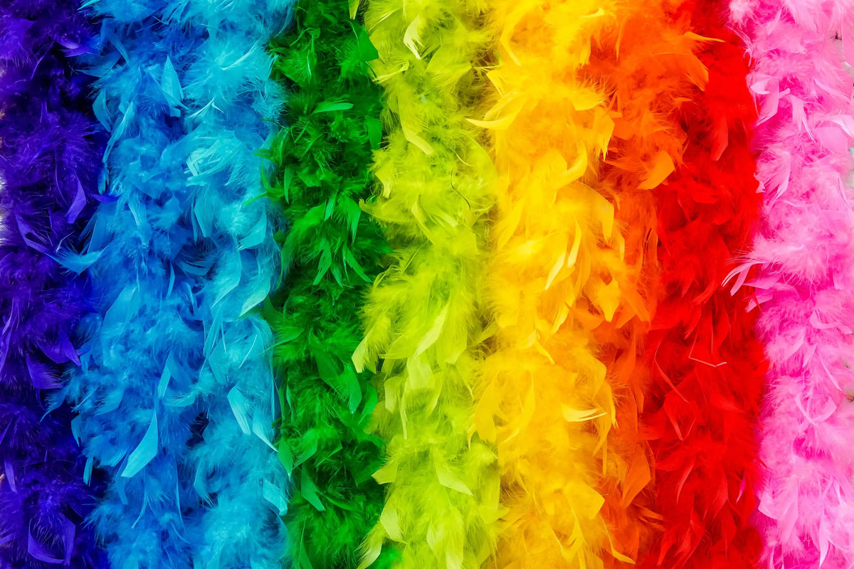 A vibrant rainbow feather boa featuring colors like purple, blue, green, yellow, orange, and pink.