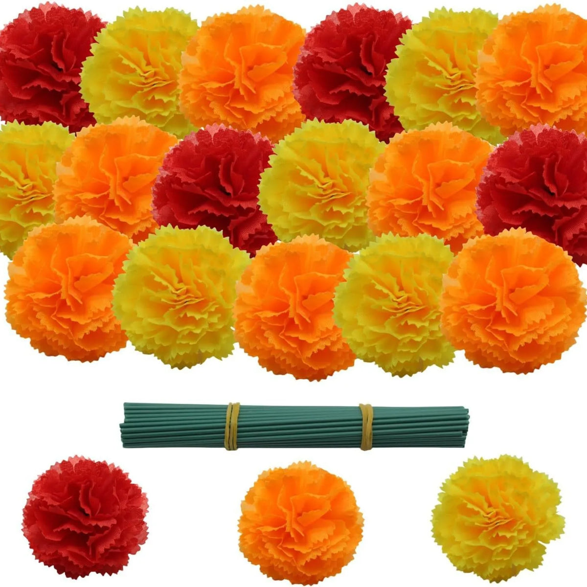 A collection of silk marigold flowers in various shades of orange and yellow, including red ones.