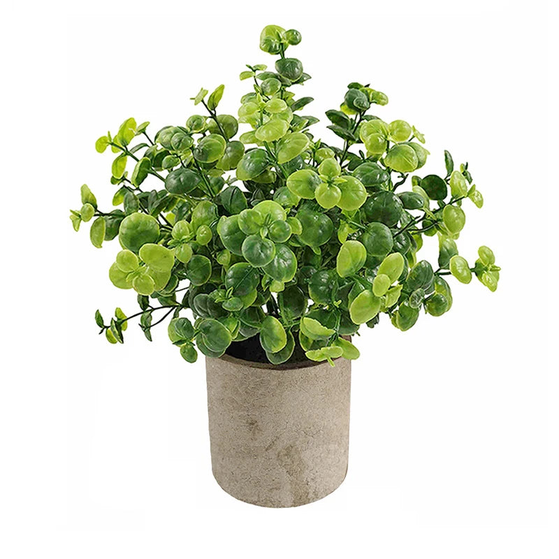 A potted lifelike mini eucalyptus plant with bright green leaves in a rustic gray pot.