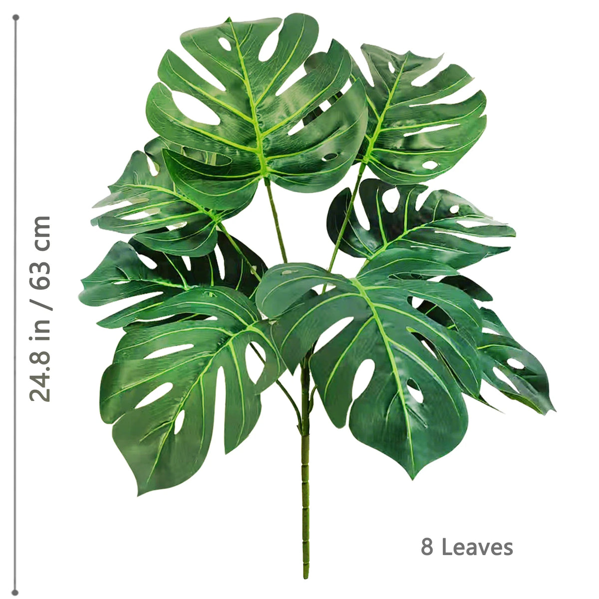 Artificial Monstera plant with silk green leaves shown against a white background.