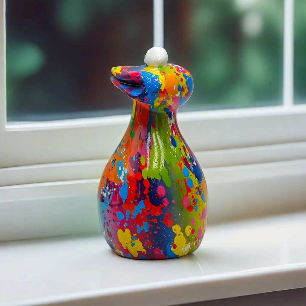 A colorful resin figurine of a frog with a white head, sitting on a windowsill.