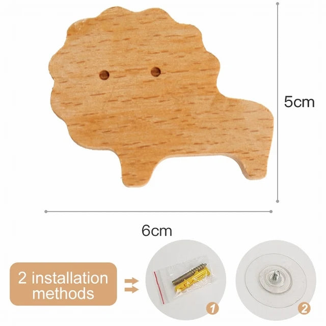 A light brown wooden animal hook with two installation methods shown.