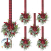 A vertical display of a 10-inch artificial Christmas wreath with red berries and a velvet bow on a plaid ribbon.