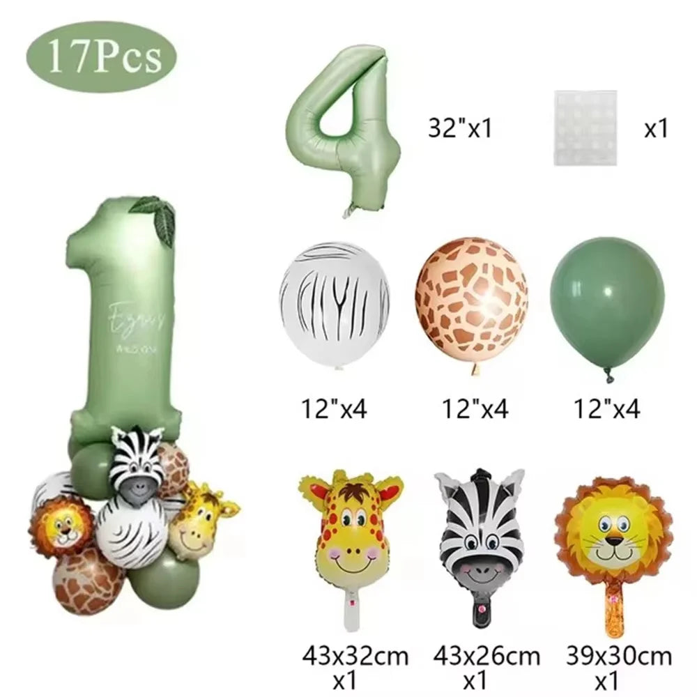 Safari jungle birthday balloon arch kit featuring sage green number balloons and various animal-themed balloons.