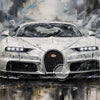 A white sports car is depicted in a vintage oil painting style with dynamic brushstrokes against a dark background.