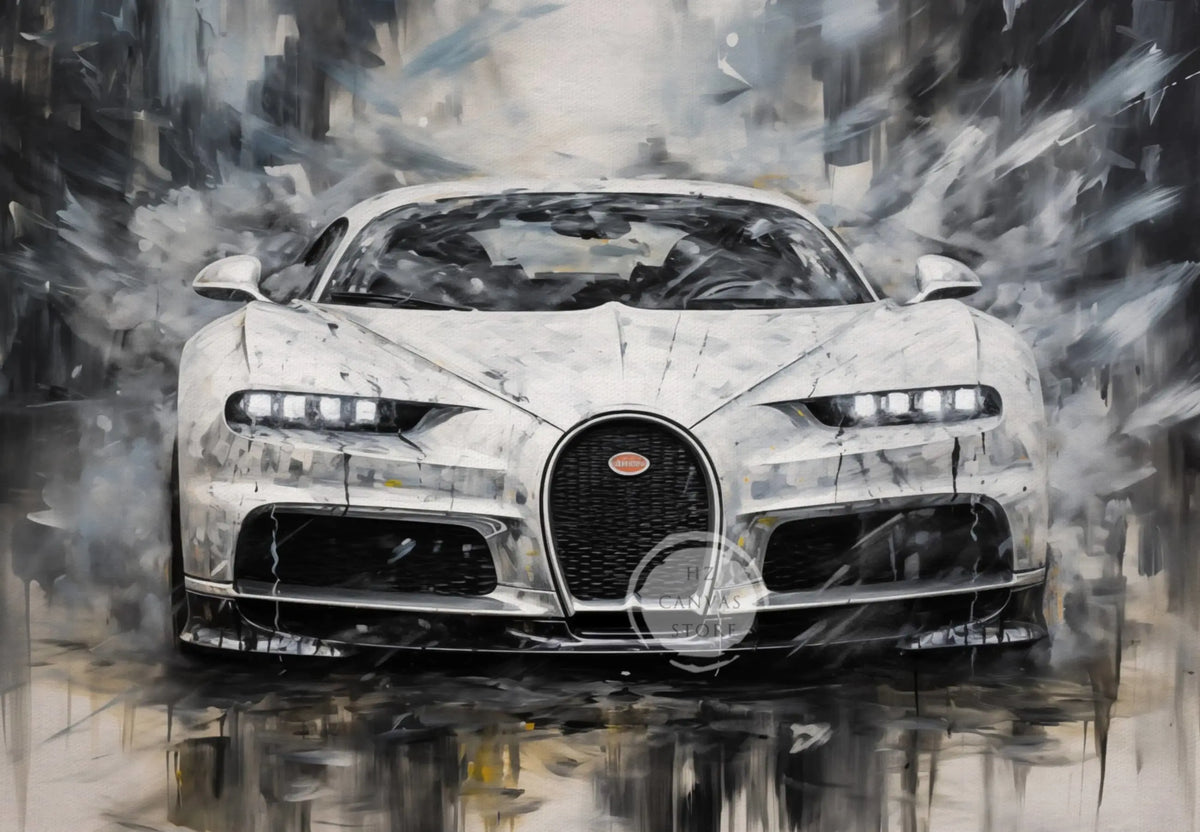 A white sports car is depicted in a vintage oil painting style with dynamic brushstrokes against a dark background.