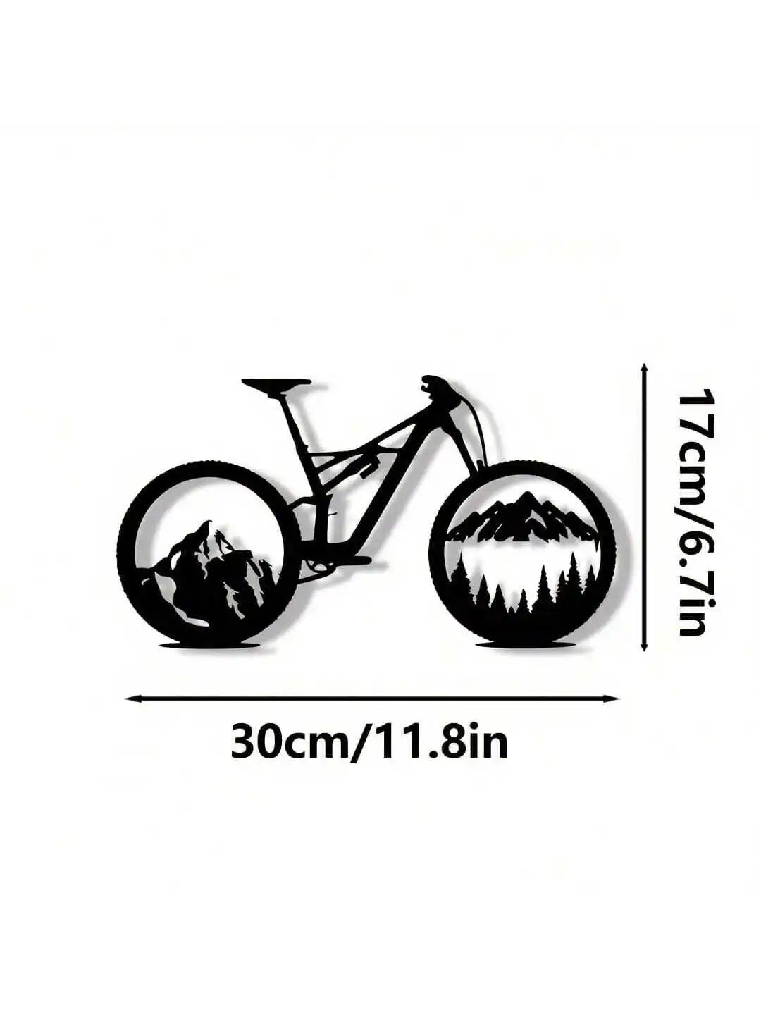 Black metal bicycle silhouette wall decor showing a mountain landscape view