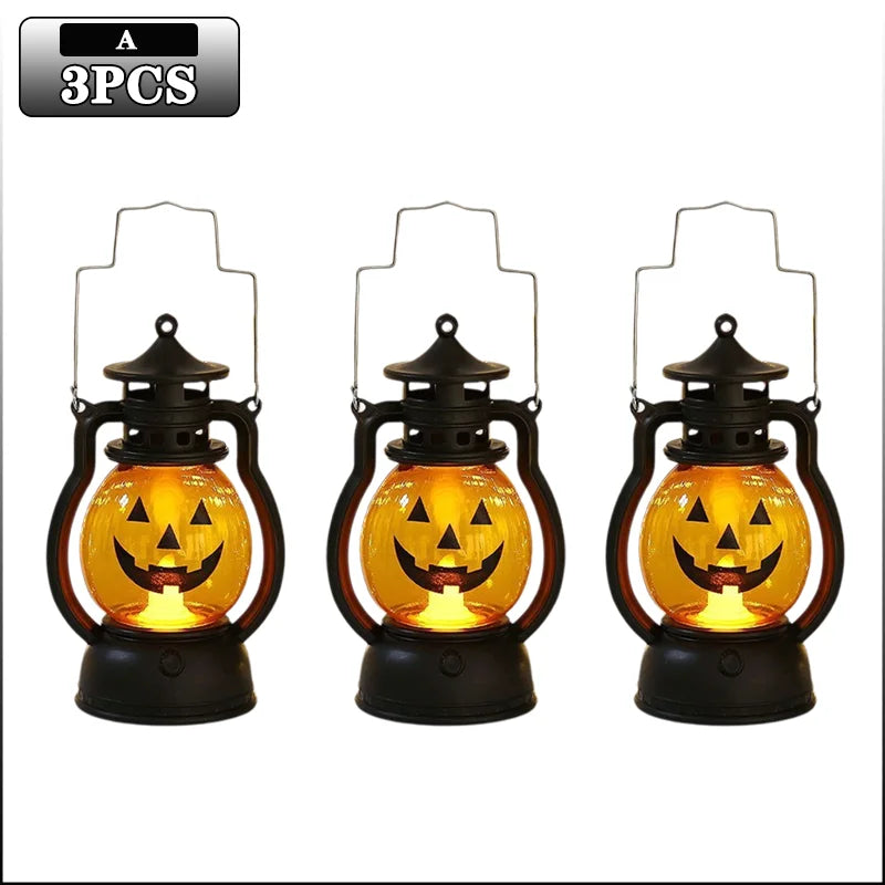 Three black pumpkin lanterns with LED projection effects for Halloween decoration