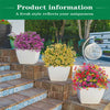 A display of colorful artificial flowers, including purple and yellow blooms, in white pots on stone steps.