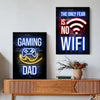 A set of dark canvas art prints featuring neon alphabet designs for gaming, dad, and wifi