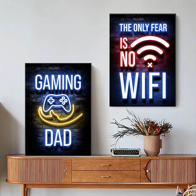 A set of dark canvas art prints featuring neon alphabet designs for gaming, dad, and wifi