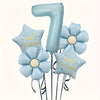 A set of light blue foil balloons shaped like the number 7 and a flower, used for birthday celebrations.
