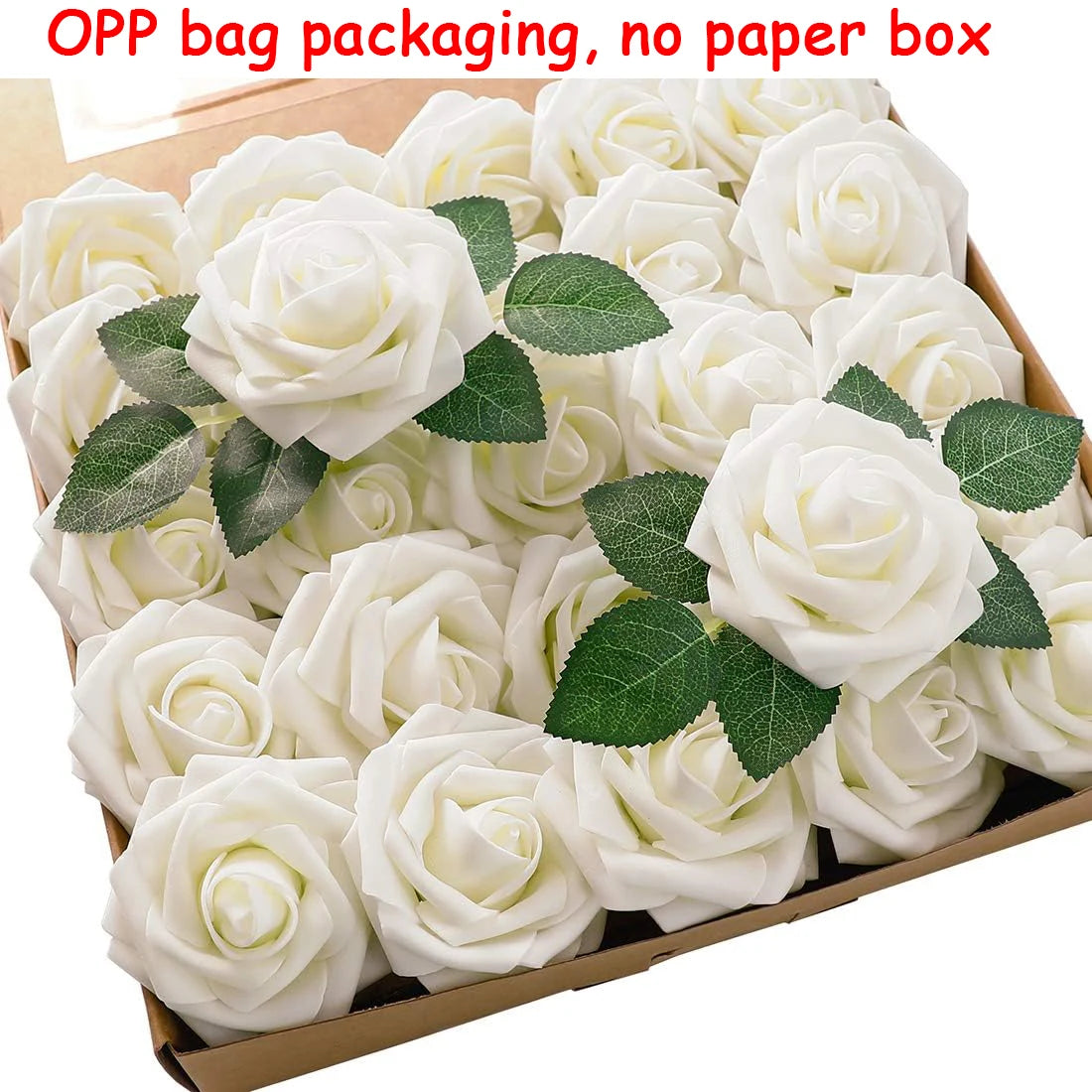 A box filled with white artificial rose flowers, packaged without a paper box.