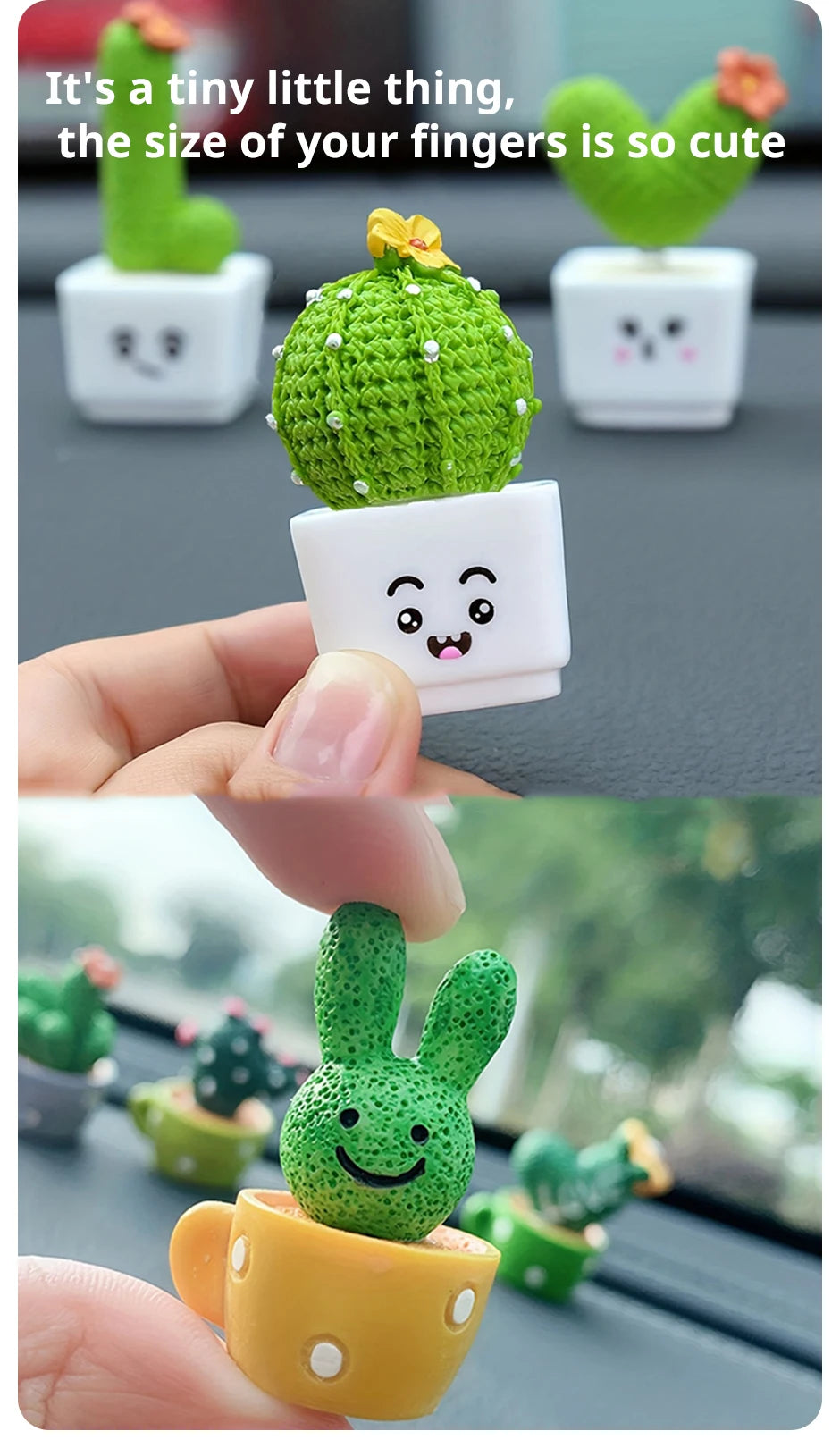 A set of four resin succulent cacti in various colors and sizes displayed on a dark surface.