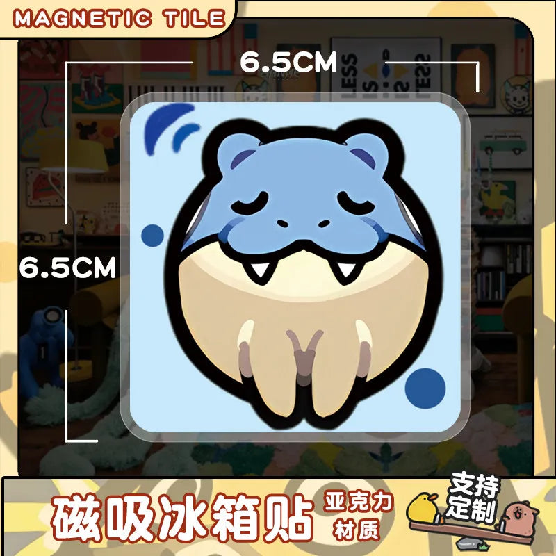A set of magnetic tiles featuring a blue, sleepy-eyed Pokémon face on a light background.