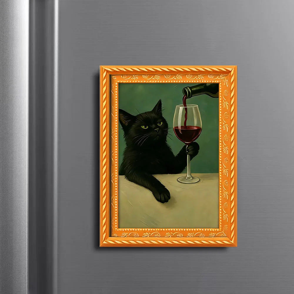 A framed image of a black cat drinking from a glass of red wine.