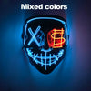 A black mask with glowing blue and red neon lines forming an 'X' and a dollar sign on the face.