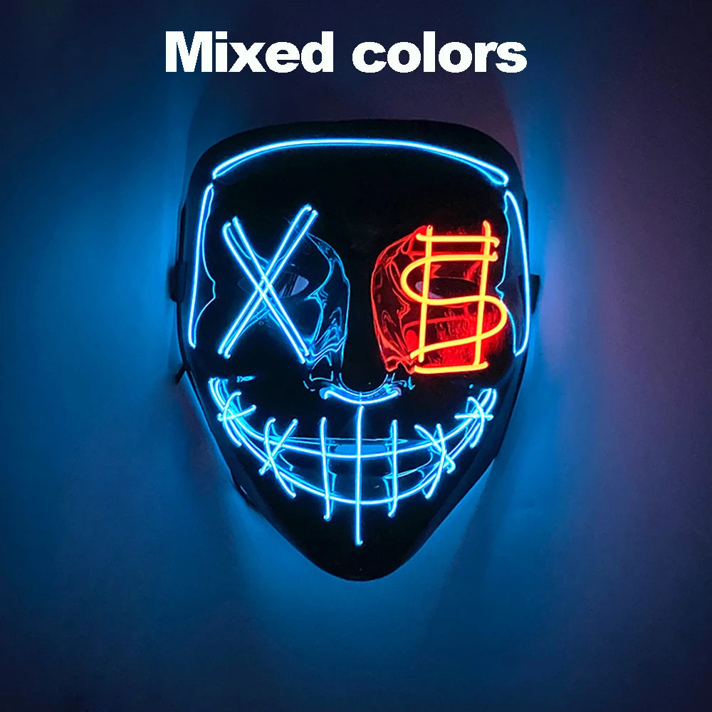 A black mask with glowing blue and red neon lines forming an 'X' and a dollar sign on the face.