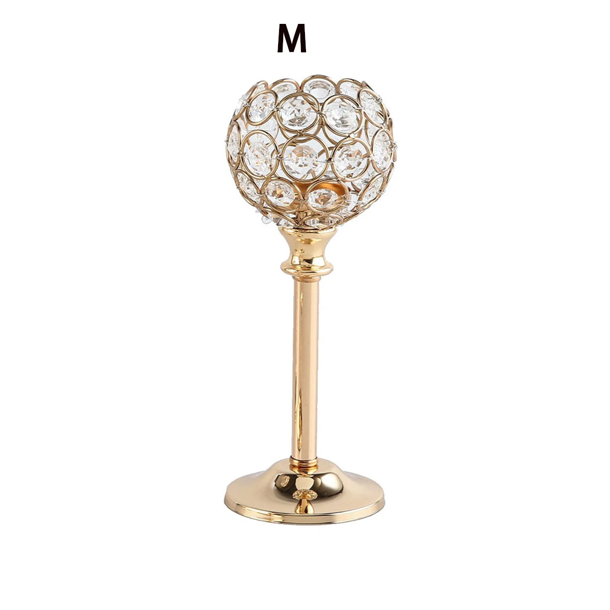 A crystal candle holder with a golden finish featuring a spherical, textured glass design.