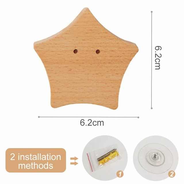 A light wood star-shaped decorative hook with two installation methods shown.