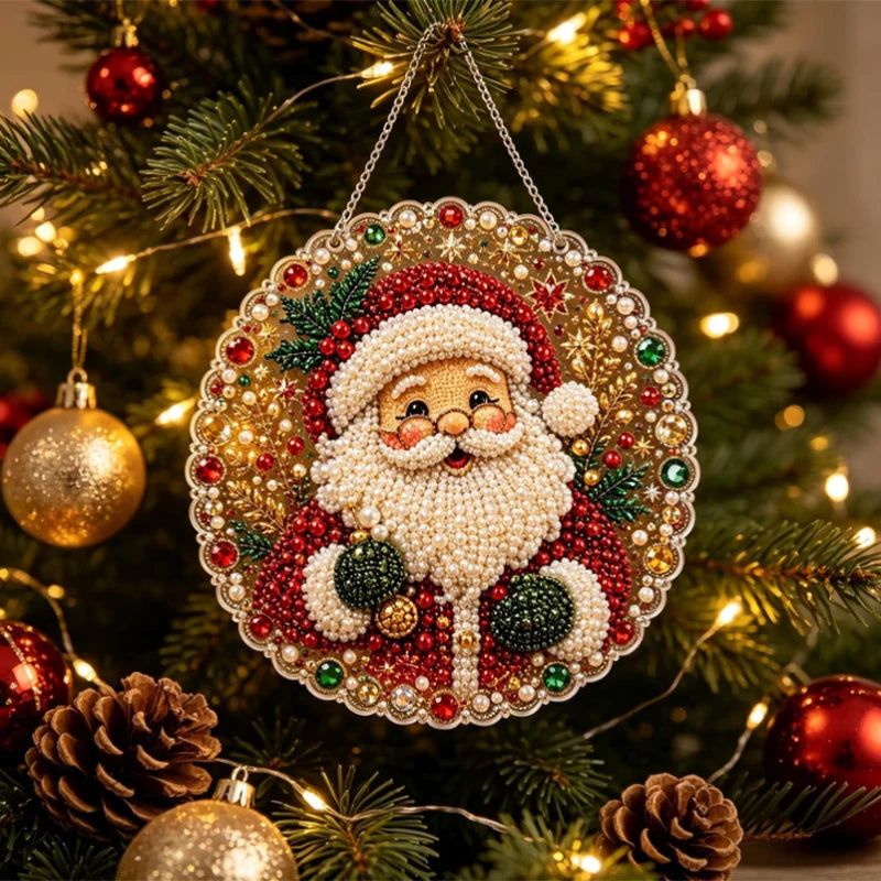 A Christmas pearl diamond painting suncatcher kit with a Santa face hanging on a tree.