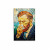 A painting of a man with a beard looking intensely, holding a piece of tissue, against a blue and green background.