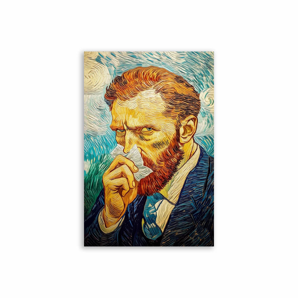 A painting of a man with a beard looking intensely, holding a piece of tissue, against a blue and green background.