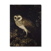 A dark painting featuring an owl perched among foliage, rendered in earthy tones.
