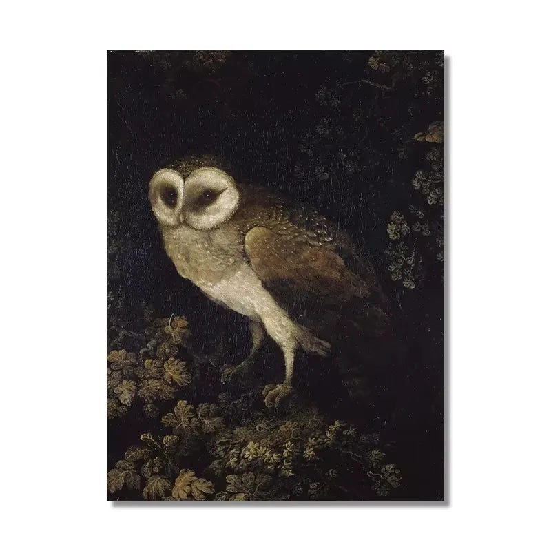 A dark painting featuring an owl perched among foliage, rendered in earthy tones.