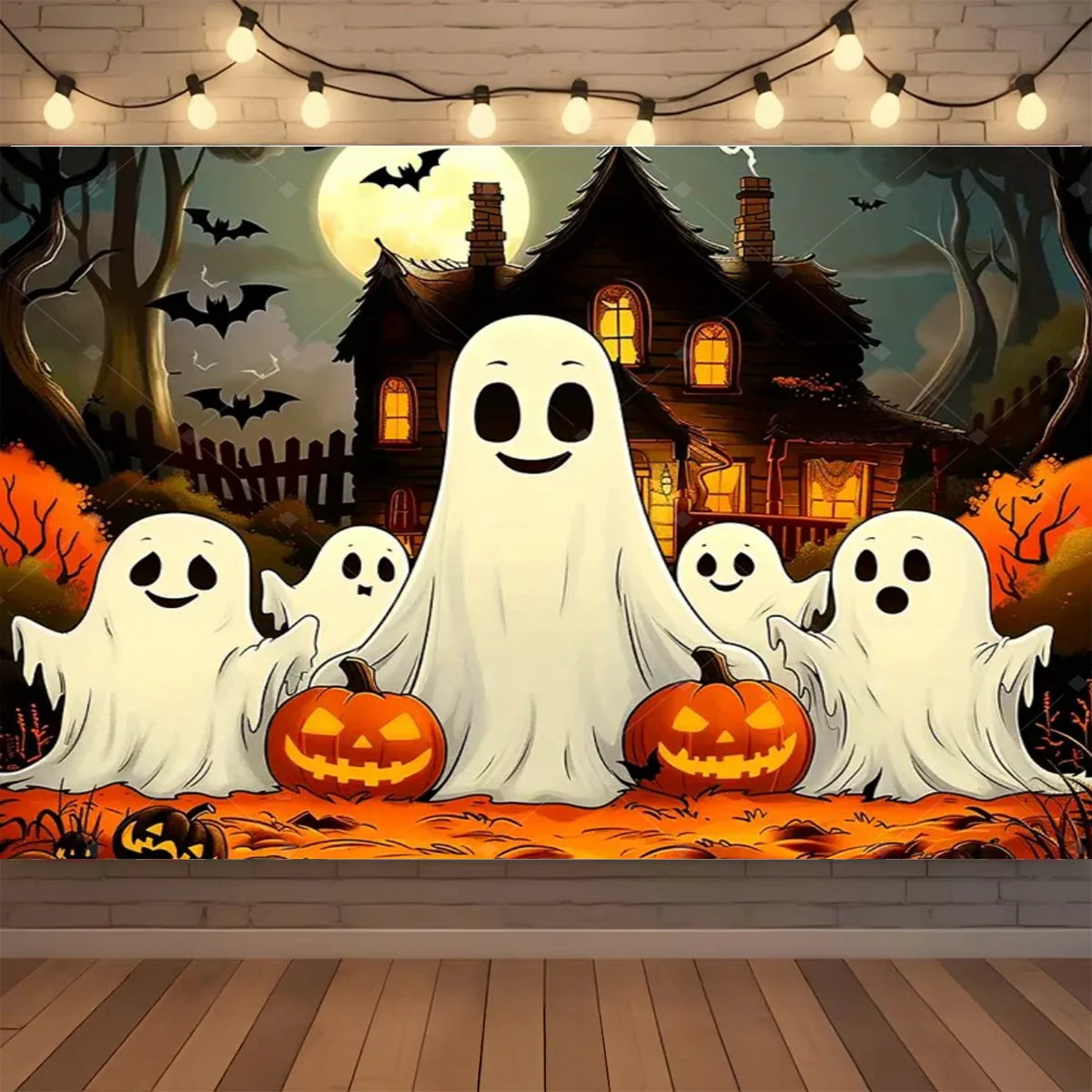 A spooky Halloween backdrop featuring white ghost figures, pumpkins, bats, and a dark house under a full moon.