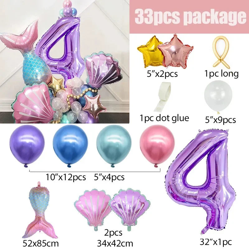 A 33 piece balloon set featuring a large purple number four and various iridescent and metallic balloons for a party decor th