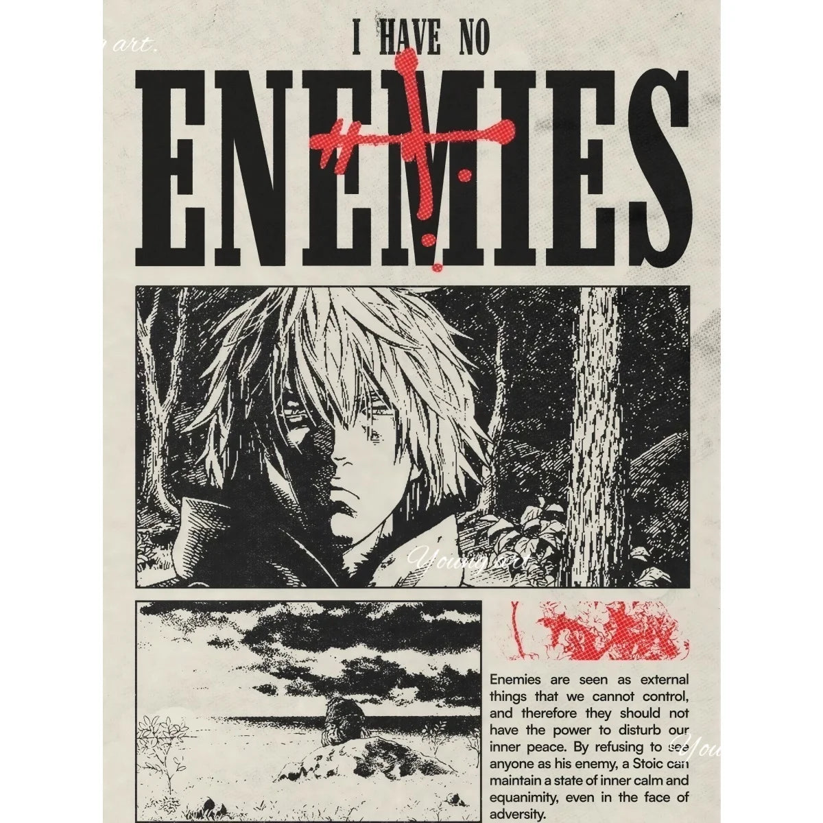 A black and white poster print featuring a character with spiky hair looking intensely, with the title I HAVE NO ENEMIES prom