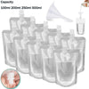 Un juego de bolsas reutilizables para beber transparentes en varios tamaños, incluyendo 100ml, 200ml, 250ml y 500ml.