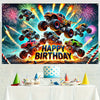A vibrant banner featuring monster trucks exploding with fireworks and the text Happy Birthday