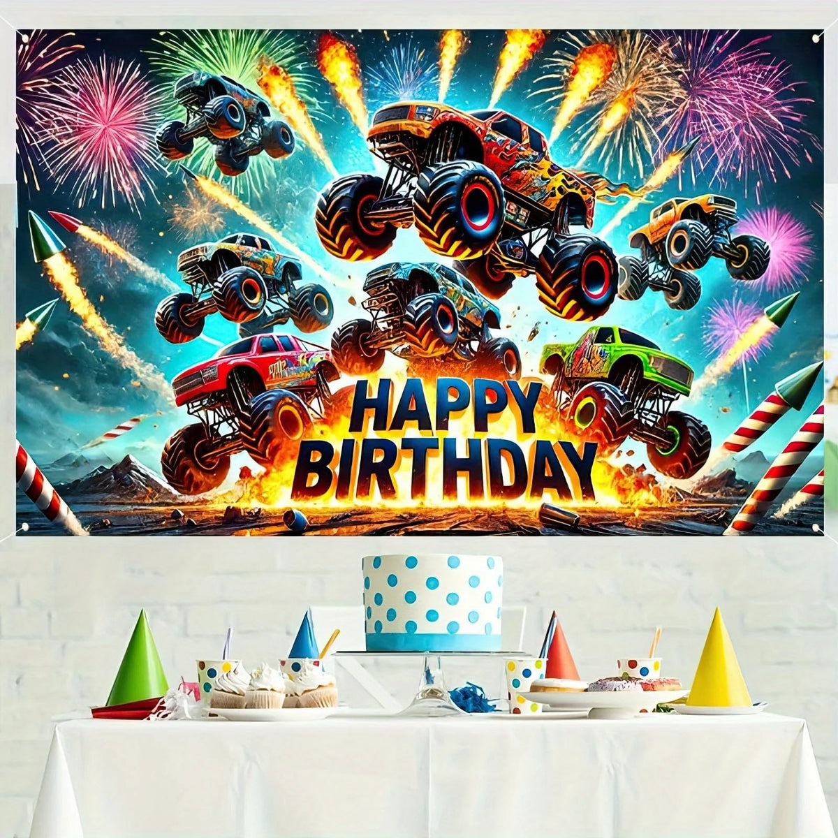 A vibrant banner featuring monster trucks exploding with fireworks and the text Happy Birthday